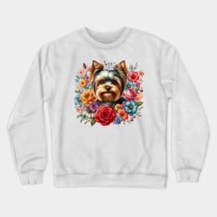 A yorkshire terrier with beautiful colorful flowers Crewneck Sweatshirt